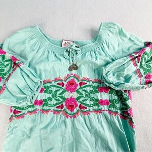 Juicy Couture Embroidered Cotton Blouse Floral Boho Peasant Ties Elastic Waist